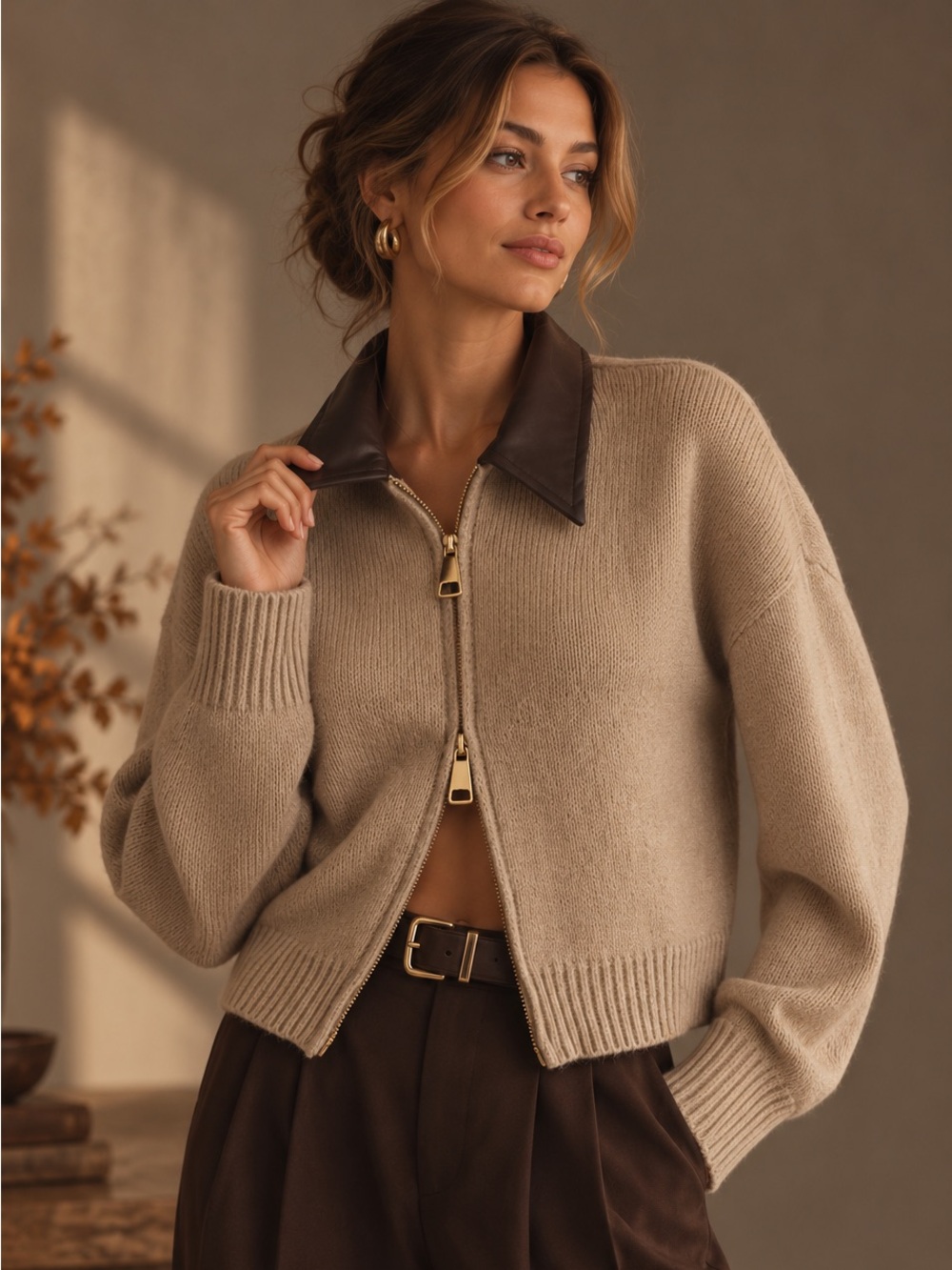 Anthropologie Faux Leather Collar Zip Sweater Small